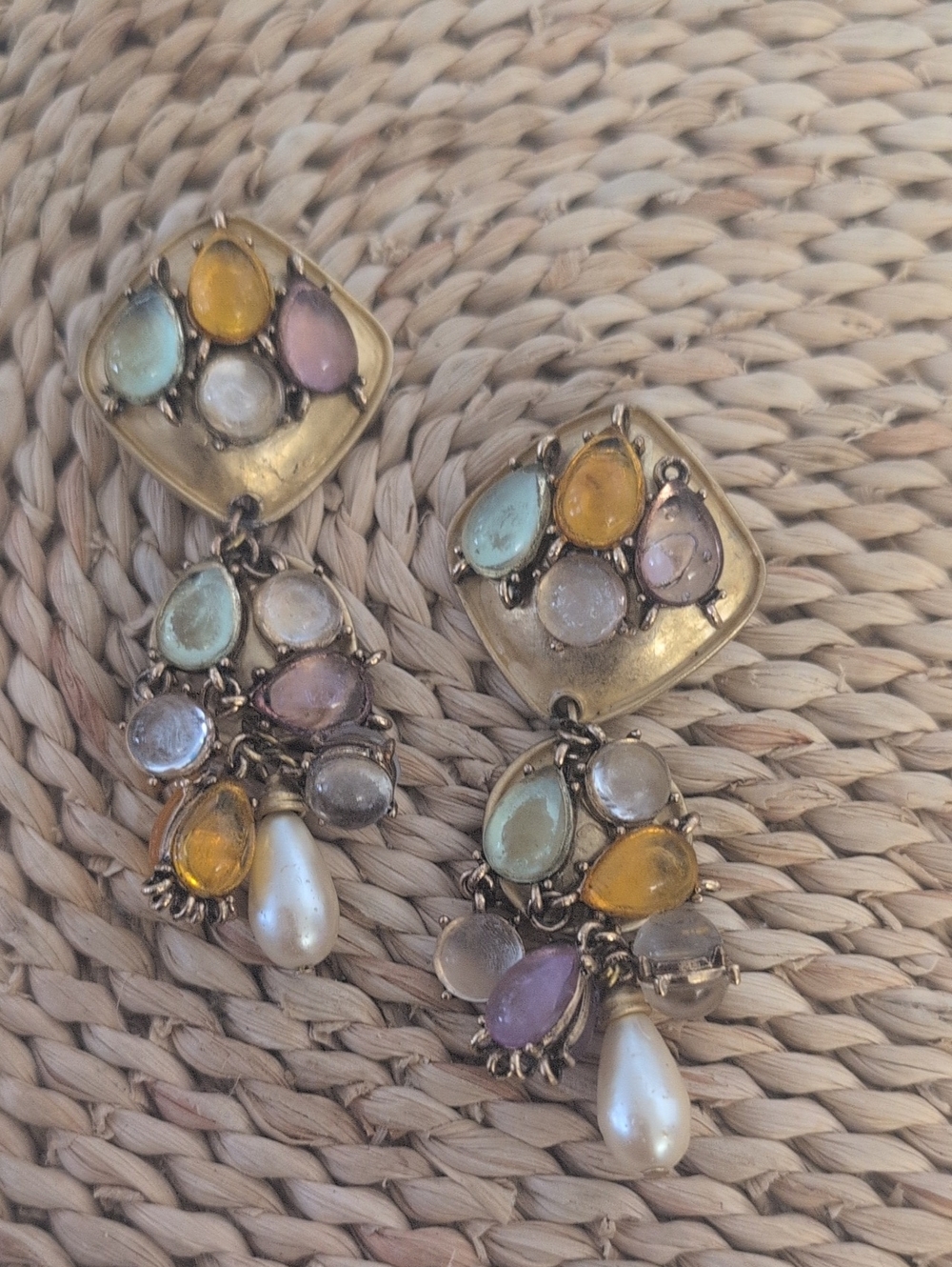 Vintage Versace Inspired Multistone Dangle Earrings in Pastel Colors